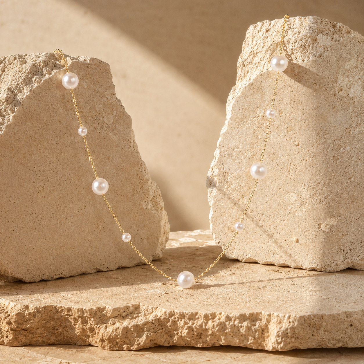Beaded necklace draped across textured beige stone forms.